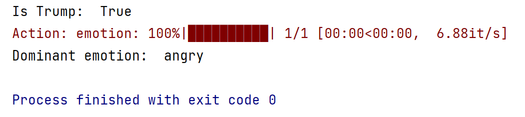 Face Analysis output. Reads: Is Trump: True. Dominant emotion: angry